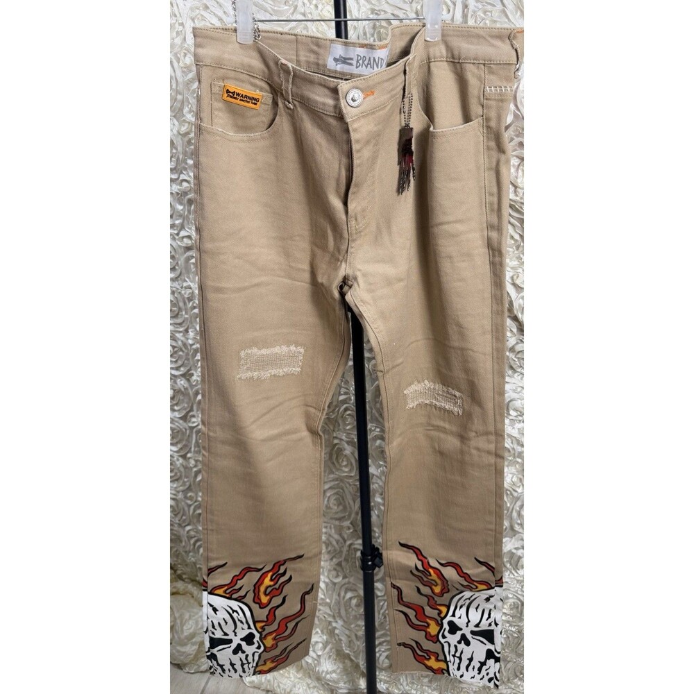 Brand X Mens 38 Beige Jeans With Skull Flame Graphics & Distressed Knees